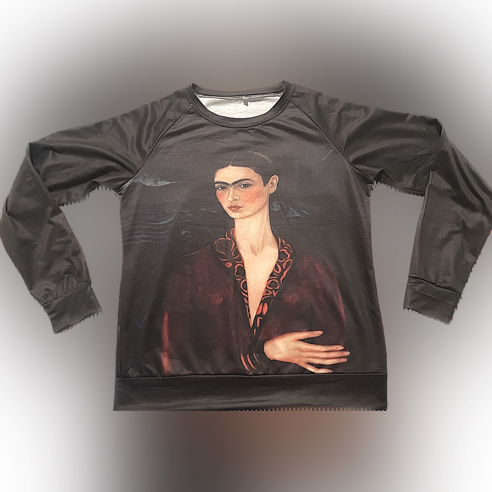 Frida Kahlo sweatshirt, Black Frida image in burgundy & red